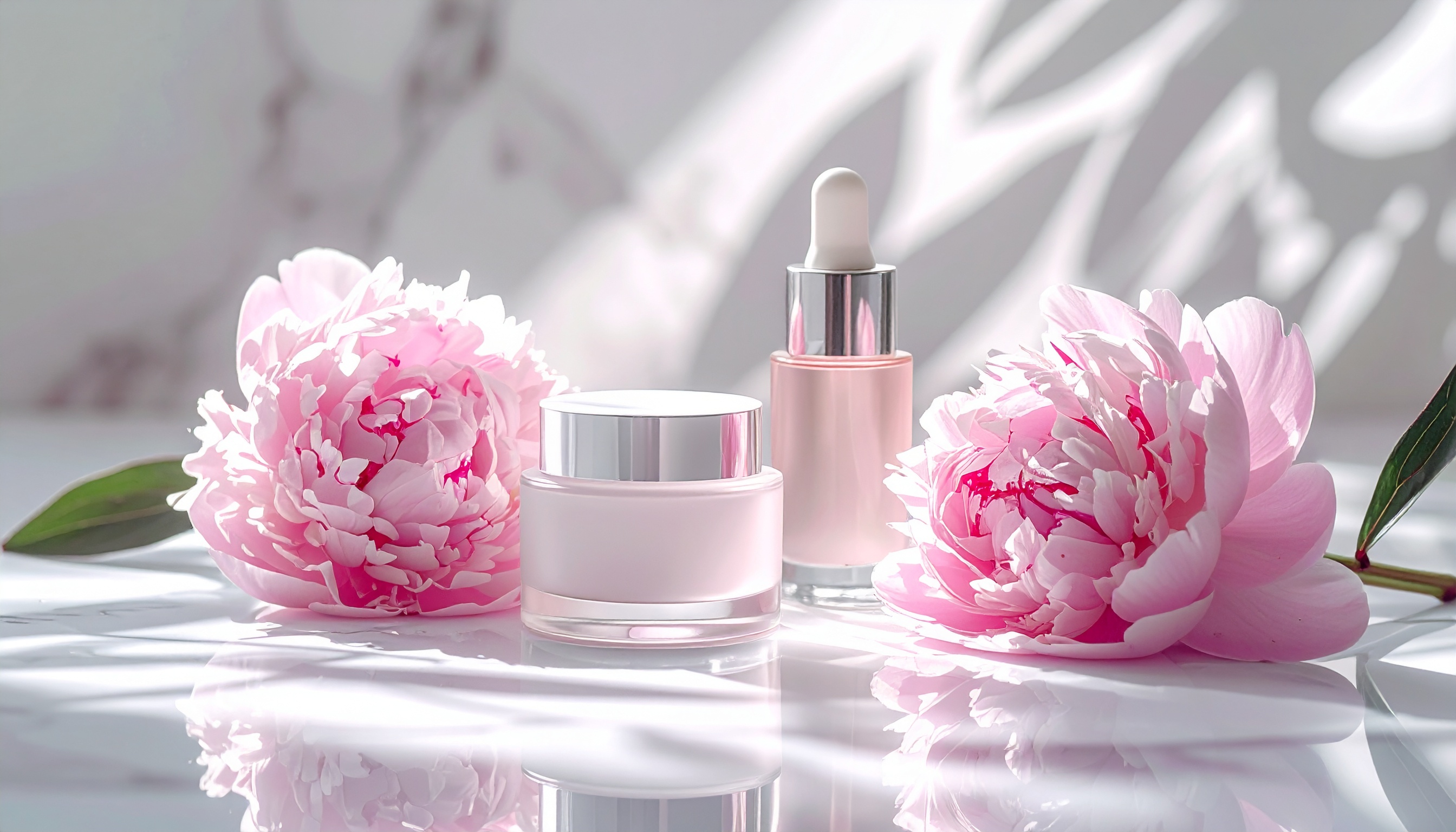 Arranjo elegante de produtos de beleza com frascos de creme e sérum ao lado de peônias rosa, transmitindo uma sensação de frescor e luxo sob luz suave.